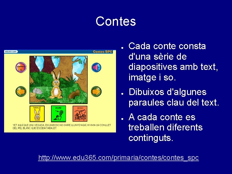 Contes ● ● ● Cada conte consta d'una sèrie de diapositives amb text, imatge