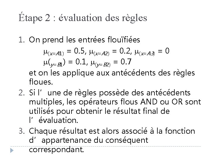 Étape 2 : évaluation des règles 1. On prend les entrées flouïfiées (x=A 1)