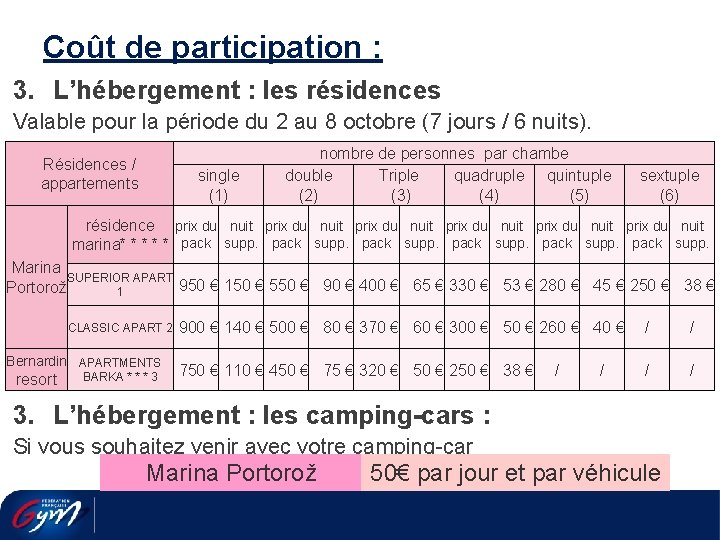 Coût de participation : 3. L’hébergement : les résidences Valable pour la période du