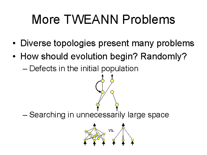 More TWEANN Problems • Diverse topologies present many problems • How should evolution begin?