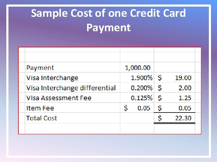 Sample Cost of one Credit Card Payment 