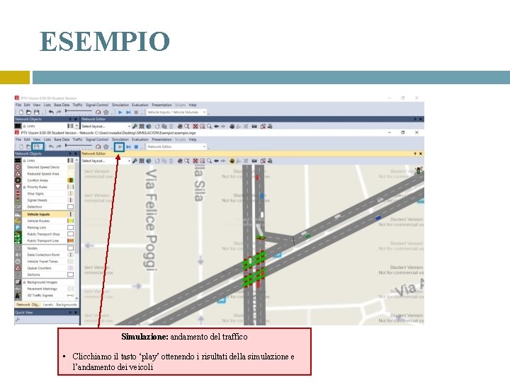 ESEMPIO Simulazione: andamento del traffico • Clicchiamo il tasto ‘play’ ottenendo i risultati della