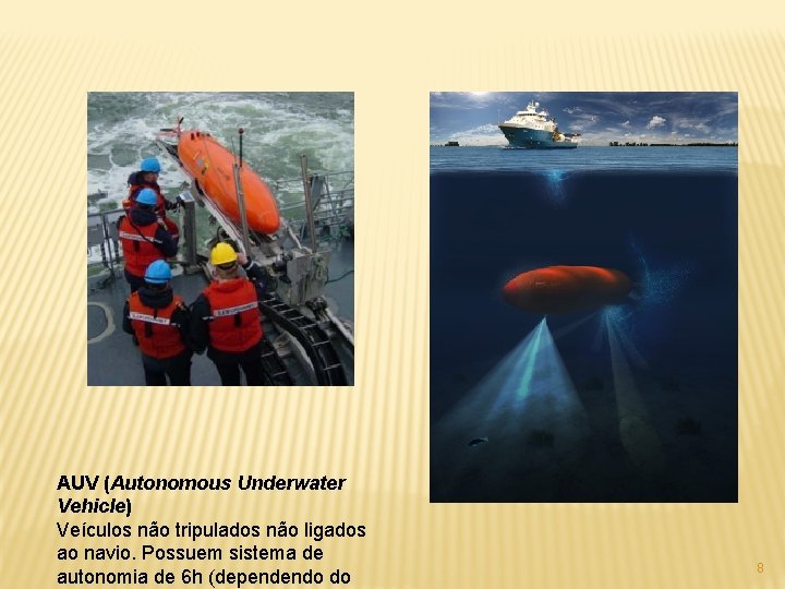 AUV (Autonomous Underwater Vehicle) Veículos não tripulados não ligados ao navio. Possuem sistema de