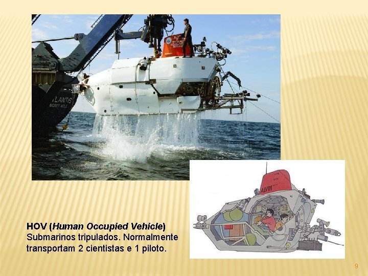 HOV (Human Occupied Vehicle) Submarinos tripulados. Normalmente transportam 2 cientistas e 1 piloto. 9