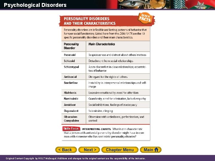 Psychological Disorders Original Content Copyright by HOLT Mc. Dougal. Additions and changes to the