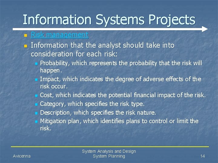 Information Systems Projects n n Risk management Information that the analyst should take into