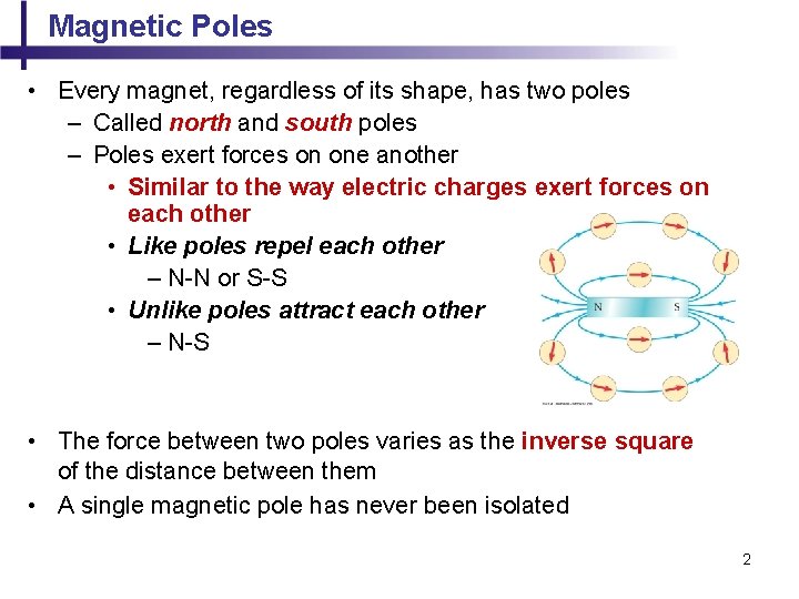 Magnetic Poles • Every magnet, regardless of its shape, has two poles – Called