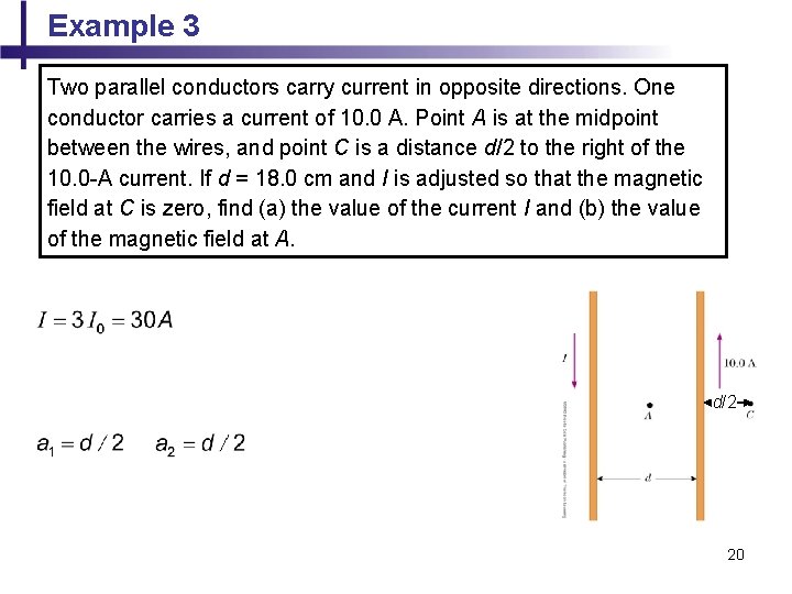 Example 3 Two parallel conductors carry current in opposite directions. One conductor carries a