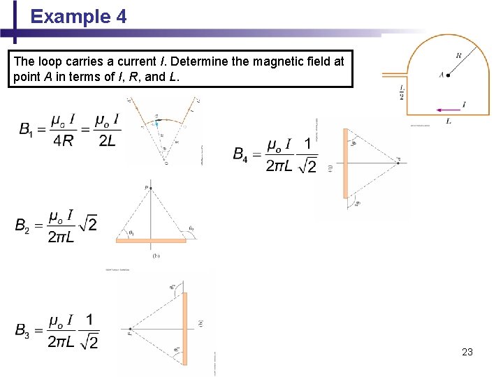 Example 4 The loop carries a current I. Determine the magnetic field at point