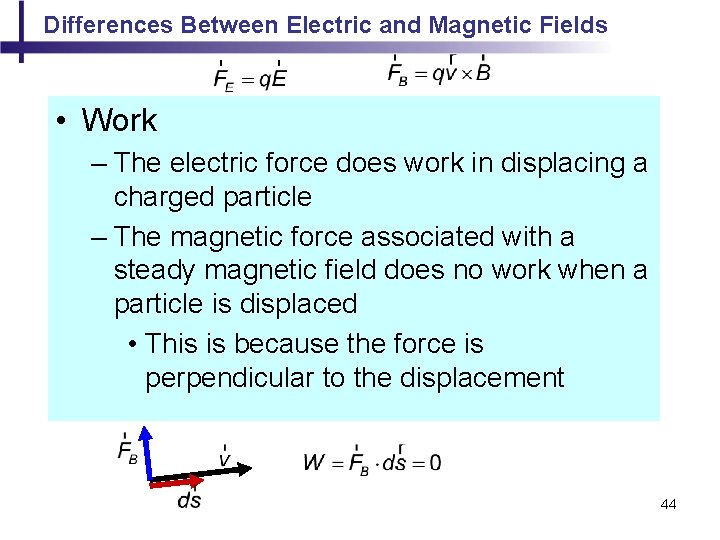 Differences Between Electric and Magnetic Fields • Work – The electric force does work