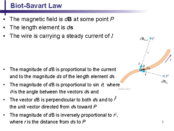 Biot-Savart Law • The magnetic field is d. B at some point P •