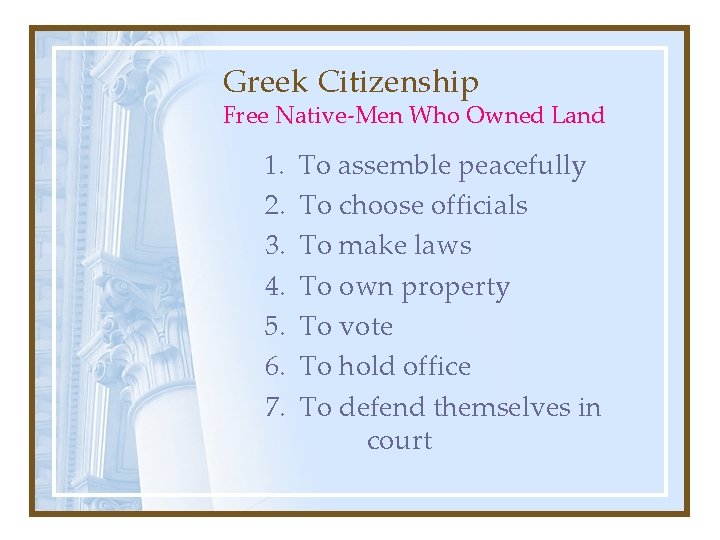 Greek Citizenship Free Native-Men Who Owned Land 1. 2. 3. 4. 5. 6. 7.