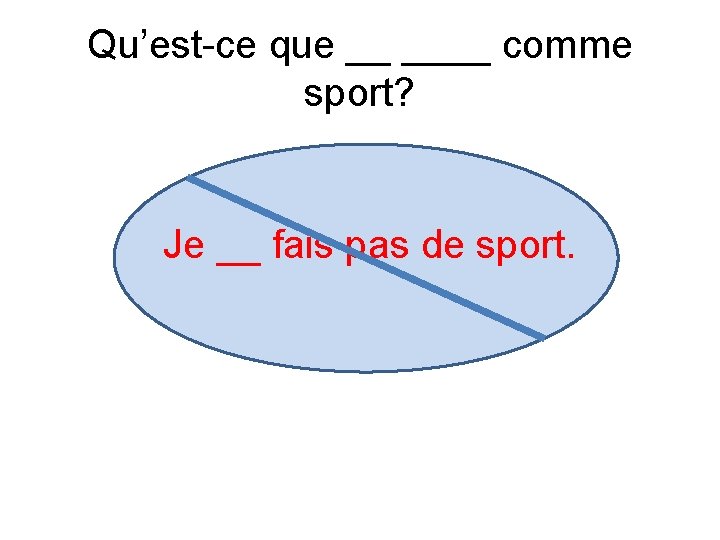 Qu’est-ce que __ ____ comme sport? Je __ fais pas de sport. 