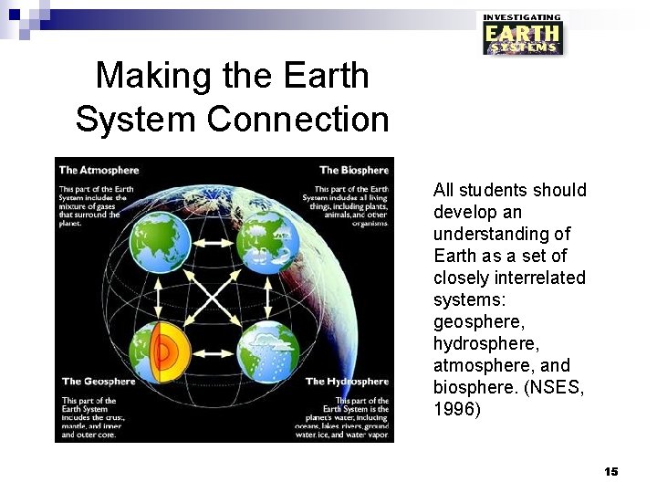 Making the Earth System Connection All students should develop an understanding of Earth as
