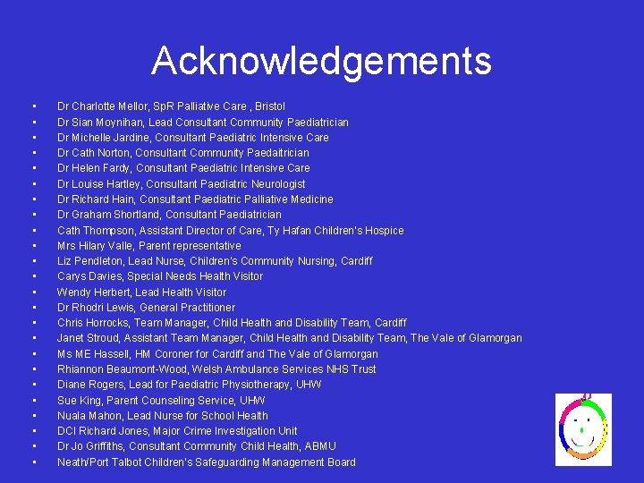 Acknowledgements • • • • • • Dr Charlotte Mellor, Sp. R Palliative Care