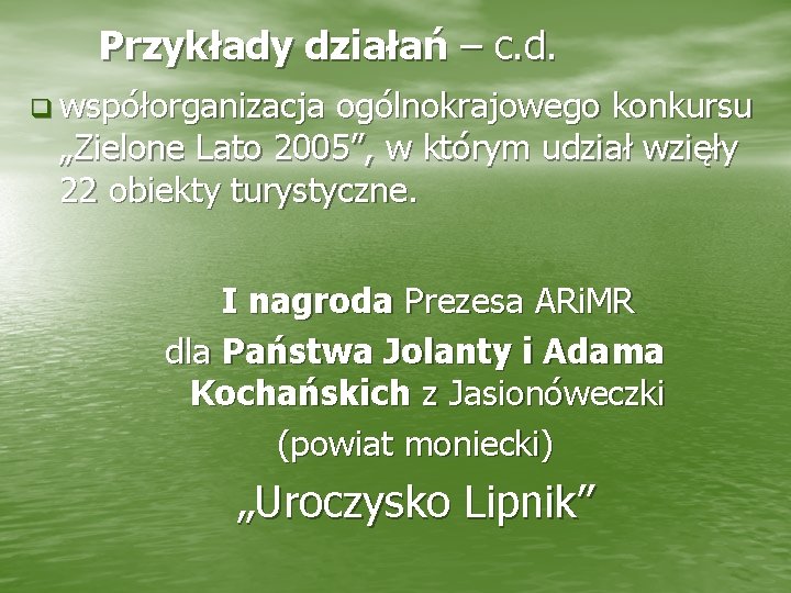 Przykłady działań – c. d. q współorganizacja ogólnokrajowego konkursu „Zielone Lato 2005”, w którym