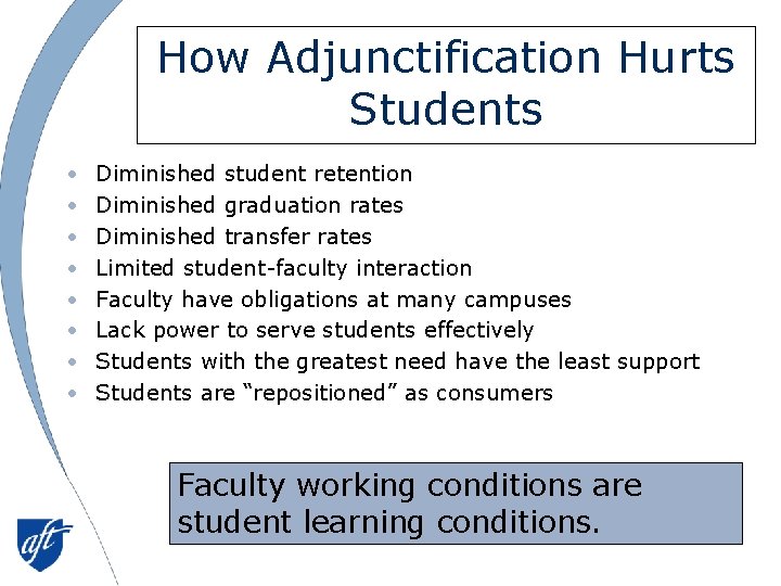 How Adjunctification Hurts Students • • Diminished student retention Diminished graduation rates Diminished transfer