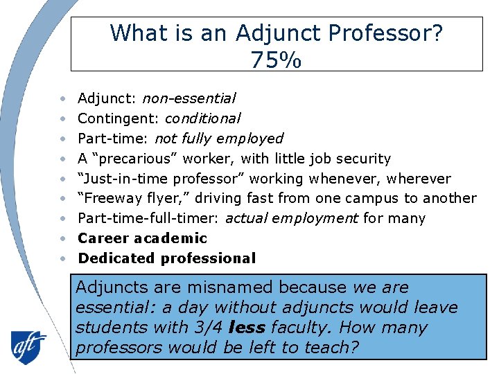 What is an Adjunct Professor? 75% • • • Adjunct: non-essential Contingent: conditional Part-time: