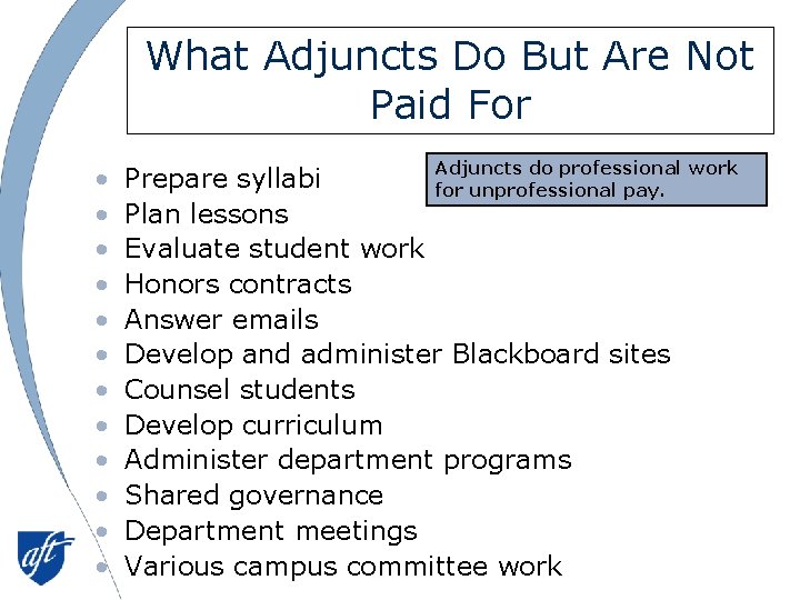 What Adjuncts Do But Are Not Paid For • • • Adjuncts do professional