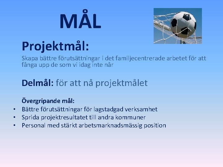 MÅL Projektmål: Skapa bättre förutsättningar i det familjecentrerade arbetet för att fånga upp de