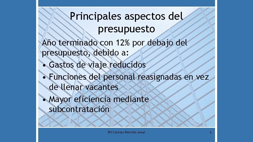 Principales aspectos del presupuesto Año terminado con 12% por debajo del presupuesto, debido a: