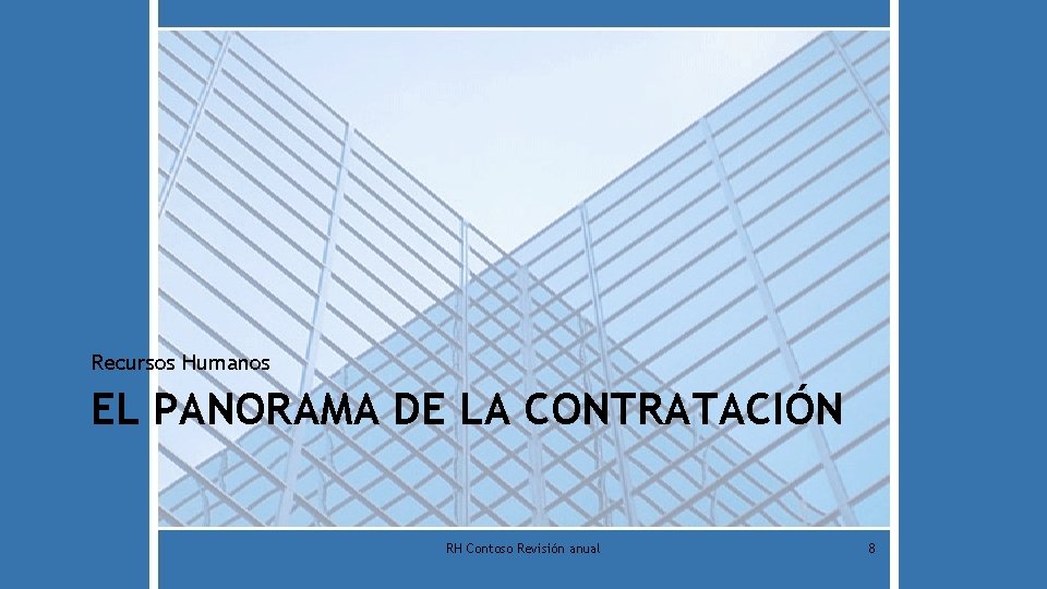 Recursos Humanos EL PANORAMA DE LA CONTRATACIÓN RH Contoso Revisión anual 8 