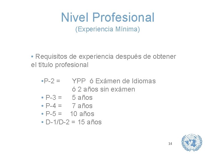 Nivel Profesional (Experiencia Mínima) • Requisitos de experiencia después de obtener el título profesional
