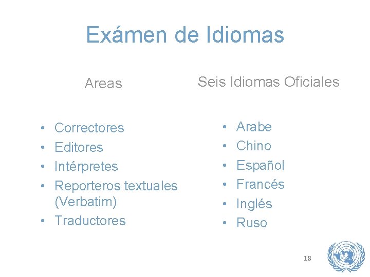 Exámen de Idiomas Areas • • Correctores Editores Intérpretes Reporteros textuales (Verbatim) • Traductores