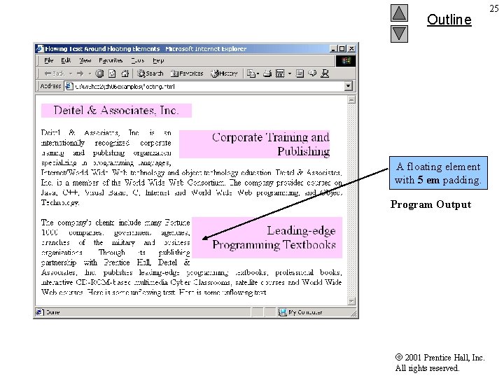 Outline A floating element with 5 em padding. Program Output 2001 Prentice Hall, Inc. Outline A floating element with 5 em padding. Program Output 2001 Prentice Hall, Inc.