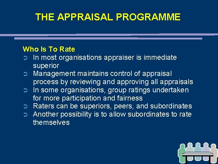 THE APPRAISAL PROGRAMME Who Is To Rate ➲ In most organisations appraiser is immediate THE APPRAISAL PROGRAMME Who Is To Rate ➲ In most organisations appraiser is immediate