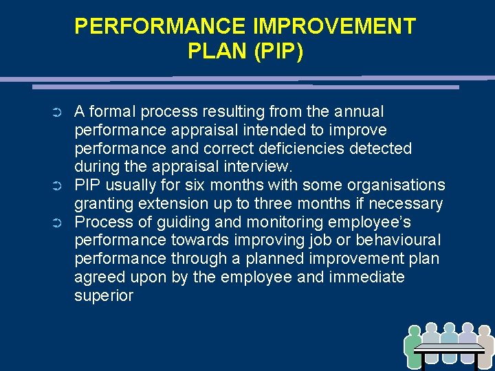 PERFORMANCE IMPROVEMENT PLAN (PIP) ➲ ➲ ➲ A formal process resulting from the annual PERFORMANCE IMPROVEMENT PLAN (PIP) ➲ ➲ ➲ A formal process resulting from the annual