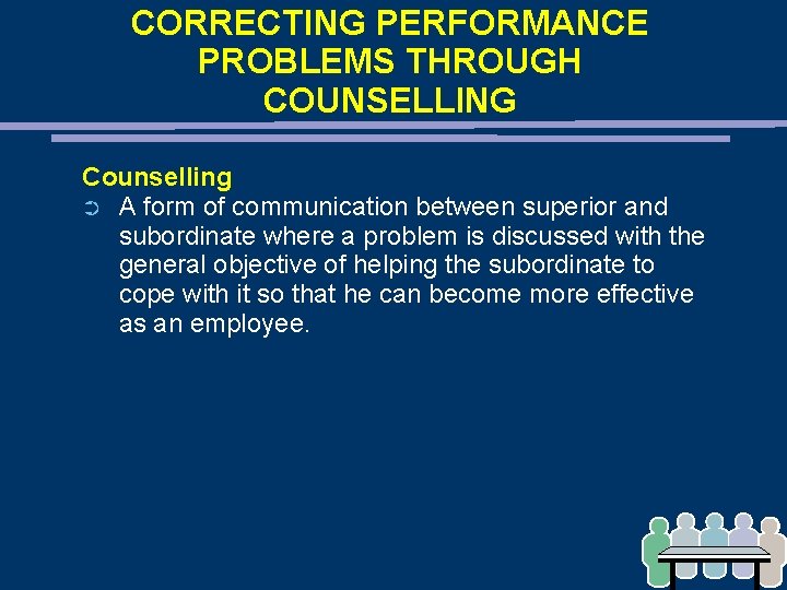 CORRECTING PERFORMANCE PROBLEMS THROUGH COUNSELLING Counselling ➲ A form of communication between superior and CORRECTING PERFORMANCE PROBLEMS THROUGH COUNSELLING Counselling ➲ A form of communication between superior and