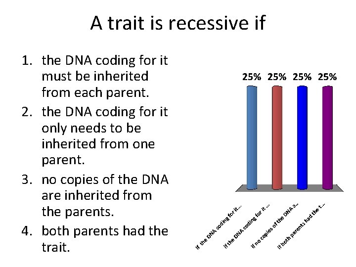 A trait is recessive if 1. the DNA coding for it must be inherited