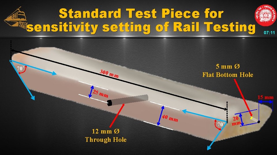 Standard Test Piece for sensitivity setting of Rail Testing 70˚ 5 mm Ø Flat