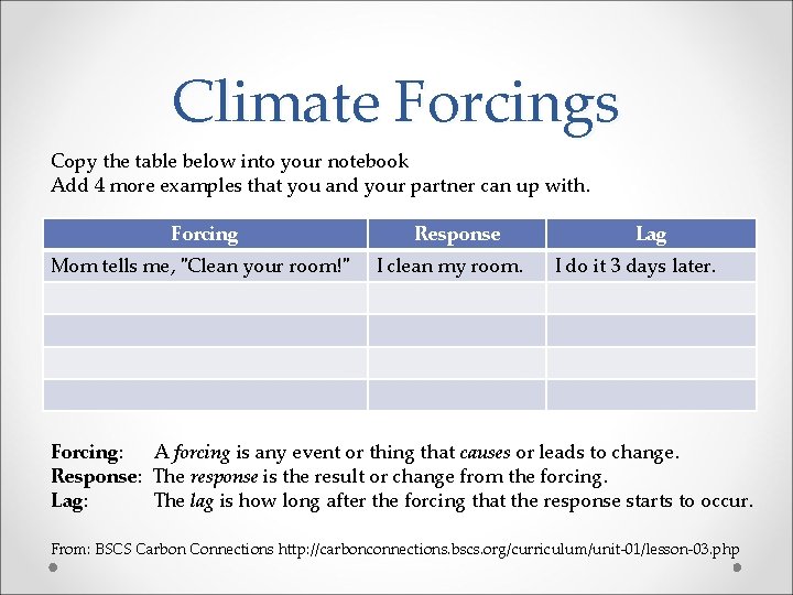 Climate Forcings Copy the table below into your notebook Add 4 more examples that