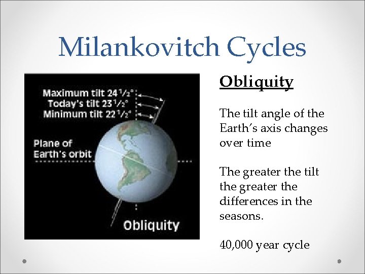 Milankovitch Cycles Obliquity The tilt angle of the Earth’s axis changes over time The