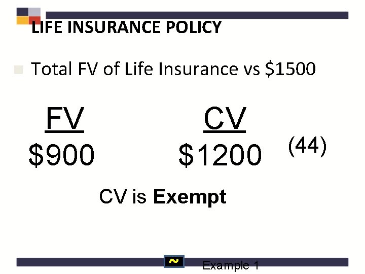 LIFE INSURANCE POLICY n Total FV of Life Insurance vs $1500 FV $900 CV