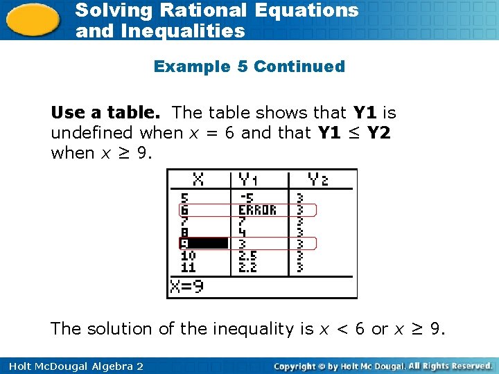 Solving Rational Equations and Inequalities Example 5 Continued Use a table. The table shows