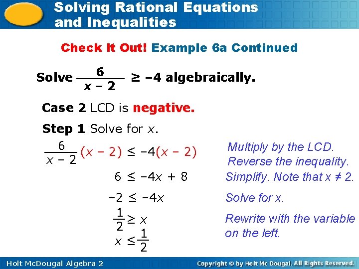 Solving Rational Equations and Inequalities Check It Out! Example 6 a Continued Solve 6