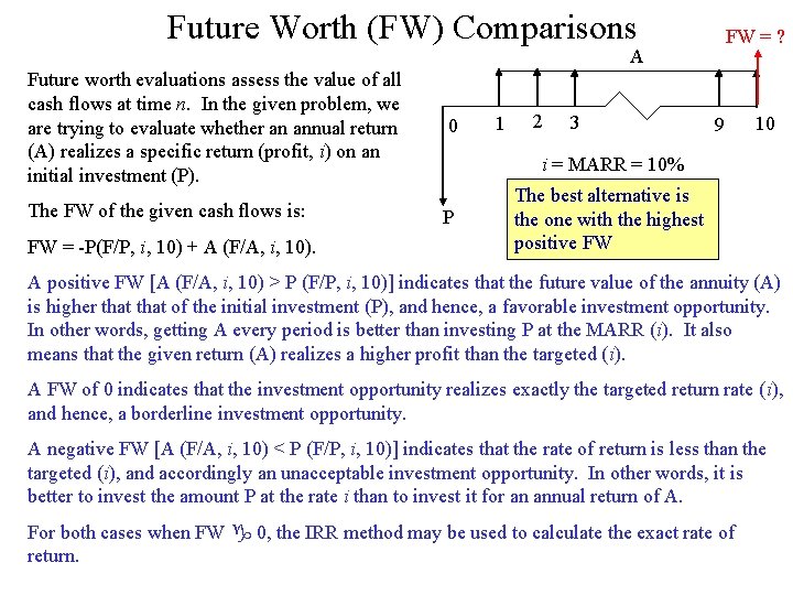 Future Worth (FW) Comparisons FW = ? A Future worth evaluations assess the value