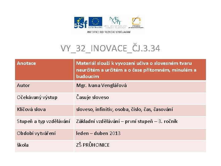 VY_32_INOVACE_ČJ. 3. 34 Anotace Materiál slouží k vyvození učiva o slovesném tvaru neurčitém a