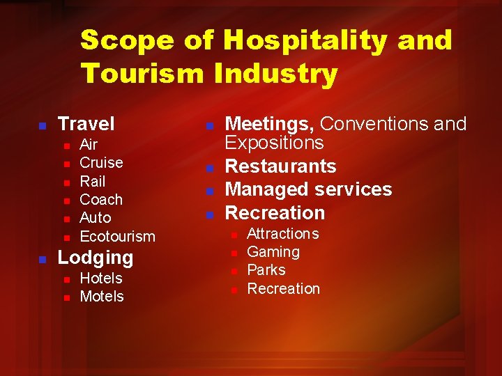 Scope of Hospitality and Tourism Industry n Travel n n n n Air Cruise
