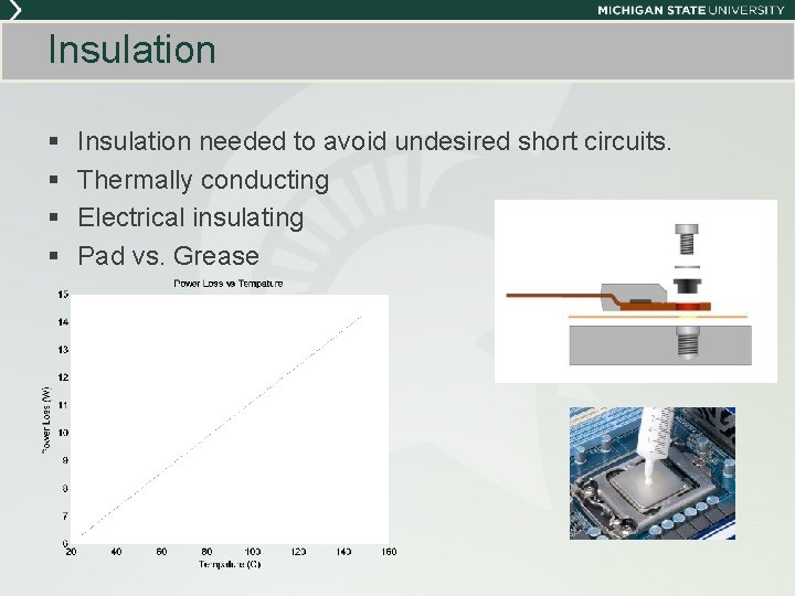Insulation § § Insulation needed to avoid undesired short circuits. Thermally conducting Electrical insulating Insulation § § Insulation needed to avoid undesired short circuits. Thermally conducting Electrical insulating