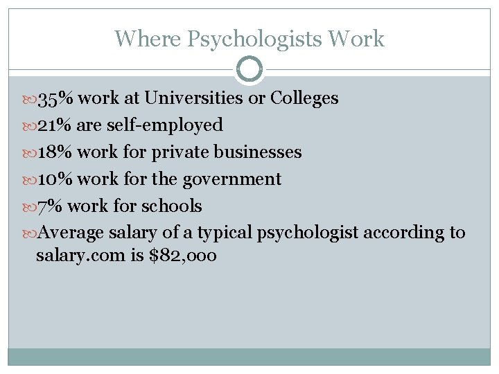 Where Psychologists Work 35% work at Universities or Colleges 21% are self-employed 18% work