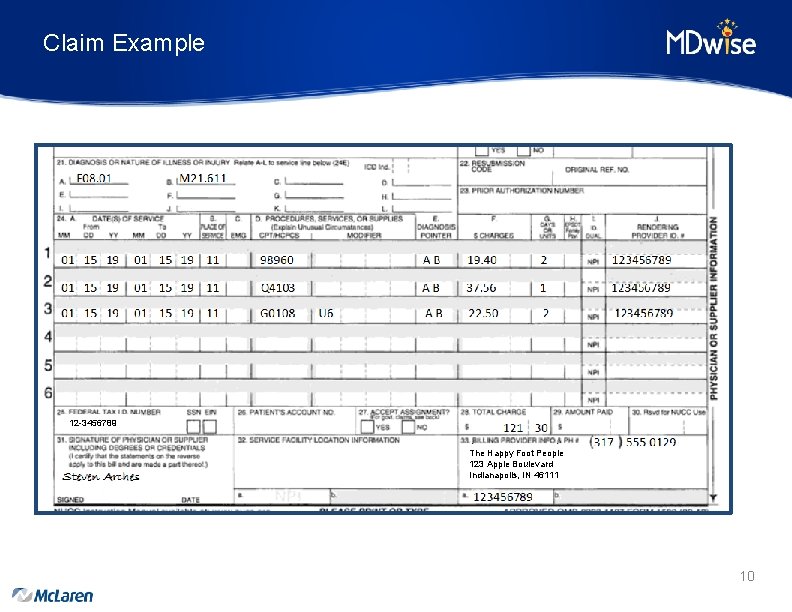 Claim Example 12 -3456789 The Happy Foot People 123 Apple Boulevard Indianapolis, IN 46111