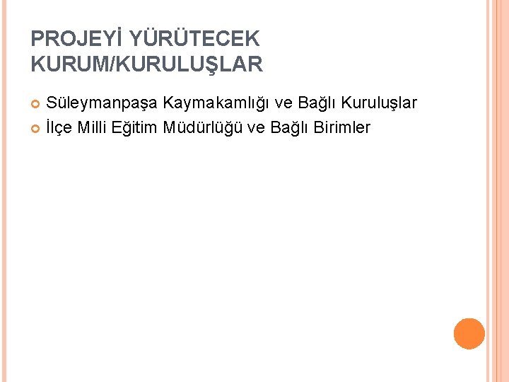 PROJEYİ YÜRÜTECEK KURUM/KURULUŞLAR Süleymanpaşa Kaymakamlığı ve Bağlı Kuruluşlar İlçe Milli Eğitim Müdürlüğü ve Bağlı