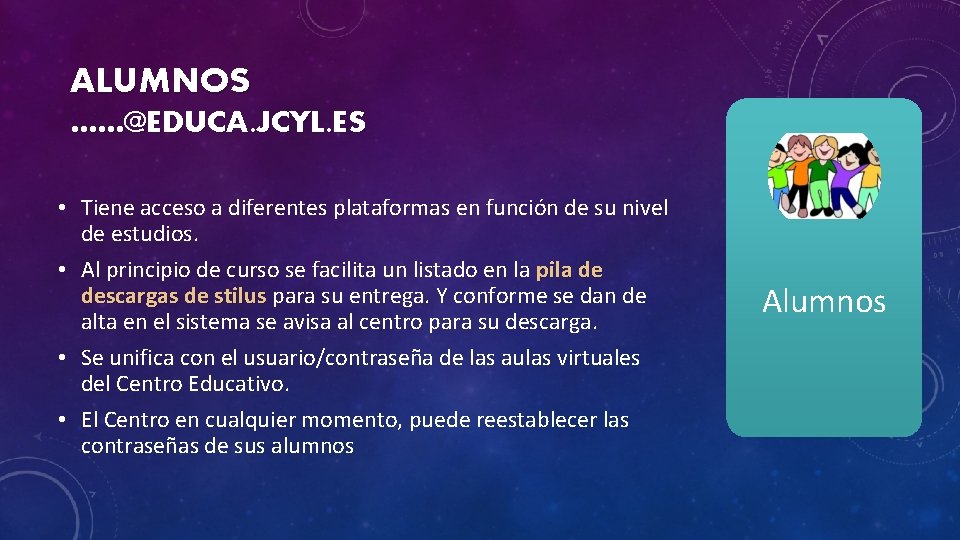 ALUMNOS ……@EDUCA. JCYL. ES • Tiene acceso a diferentes plataformas en función de su