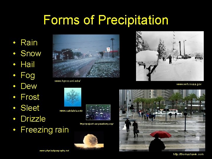 Forms of Precipitation • • • Rain Snow Hail Fog Dew Frost Sleet Drizzle