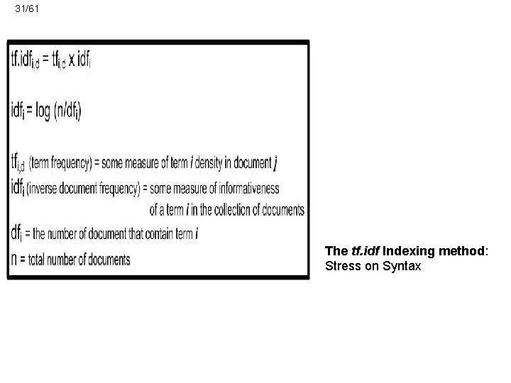 31/61 The tf. idf Indexing method: Stress on Syntax 