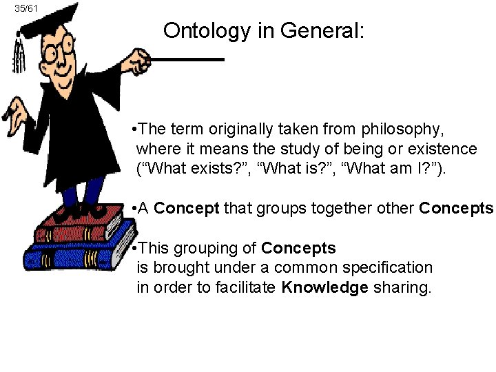 35/61 Ontology in General: • The term originally taken from philosophy, where it means